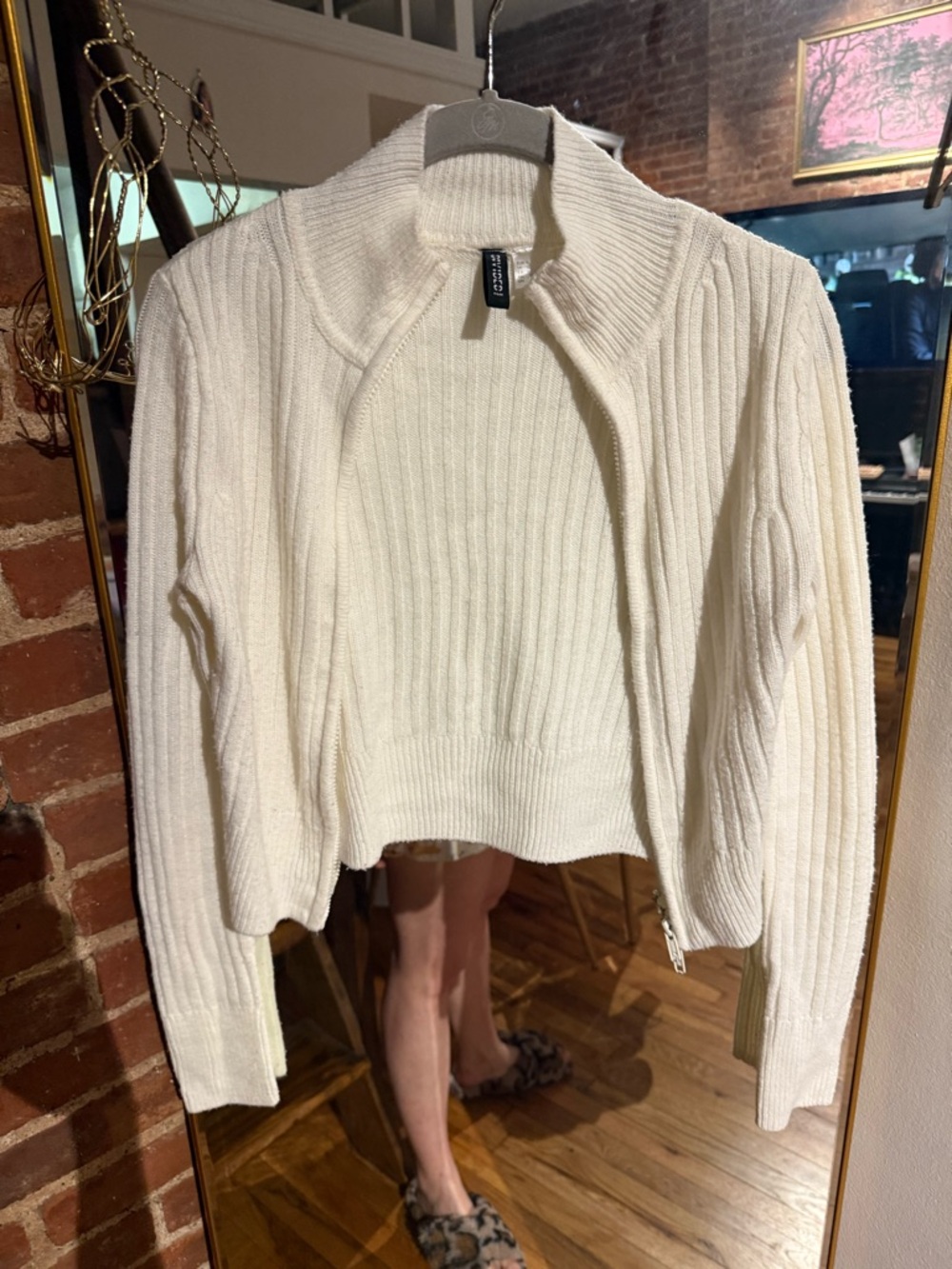 H&M Cream Ribbed Zip-Front Cardigan